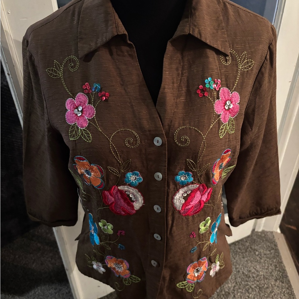 SilkLand Brown Blazer with Floral Embroidery